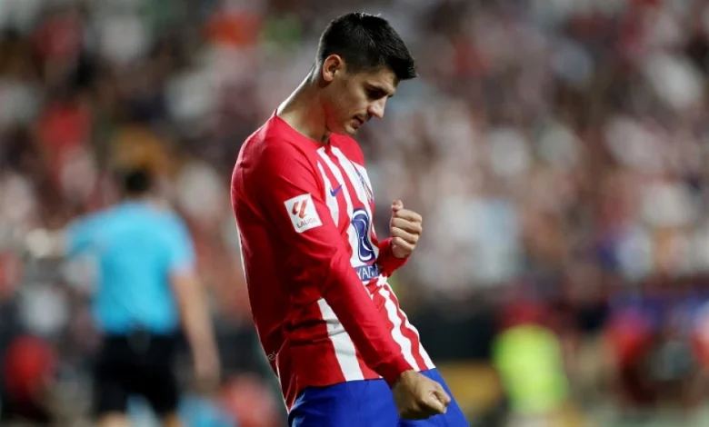 Soccer Football - LaLiga - Rayo Vallecano v Atletico Madrid - Estadio de Vallecas, Madrid, Spain - August 28, 2023 Atletico Madrid's Alvaro Morata celebrates scoring their fourth goal