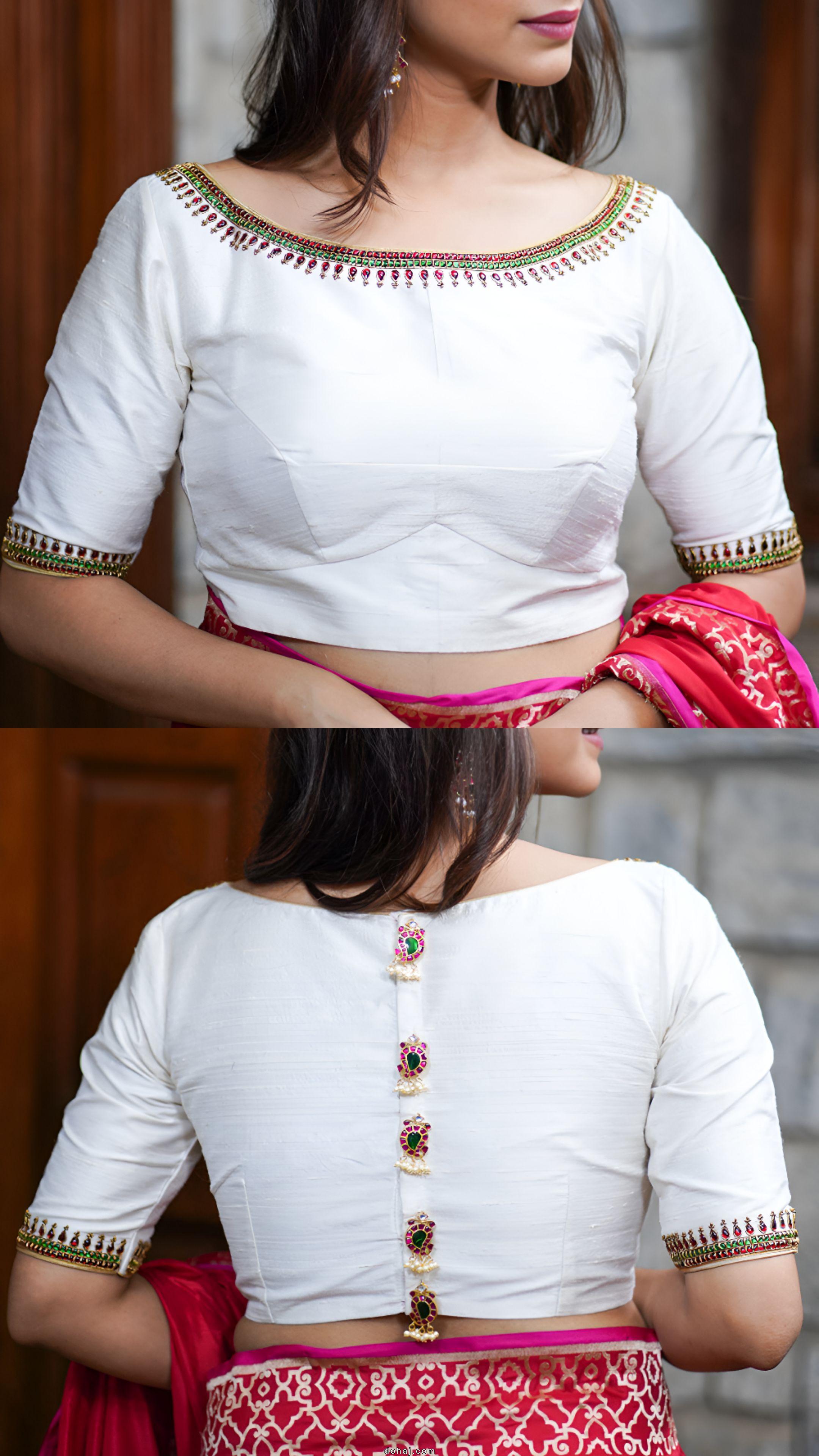 Boat Neck Golden Blouse Design