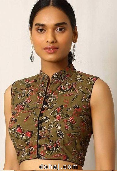 Boat Neck Kalamkari Saree Blouse Designs