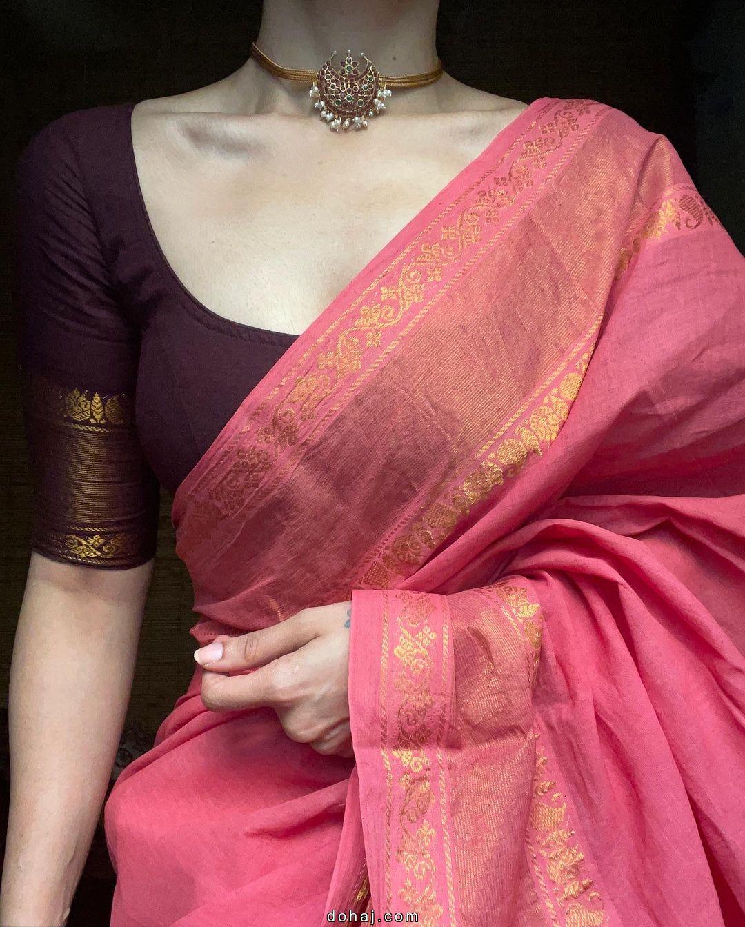 Pink Saree With Contrast Blouse
