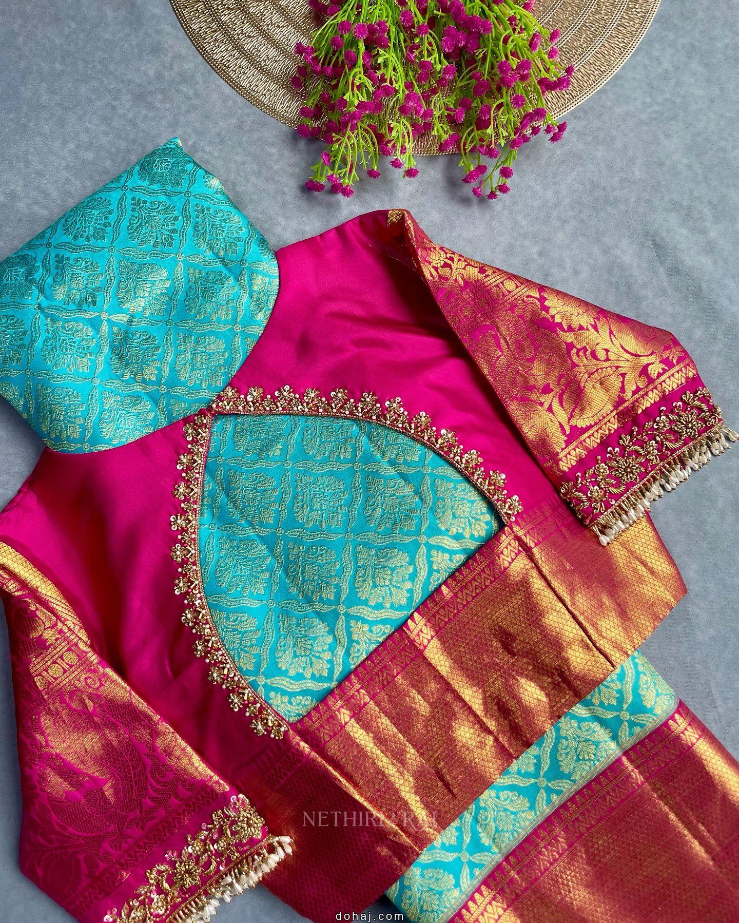 Princess Cut Back Side Boat Neck Half Saree Blouse Designs