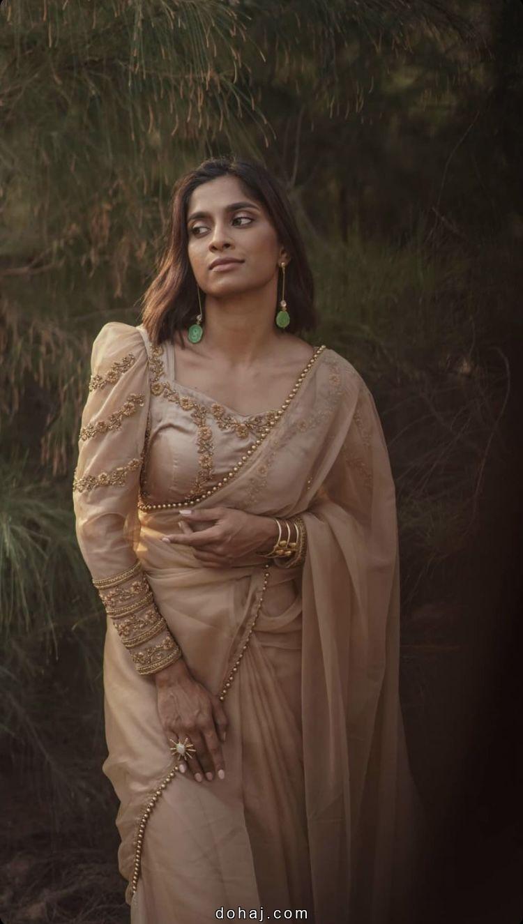 Purple Saree Contrast Blouse